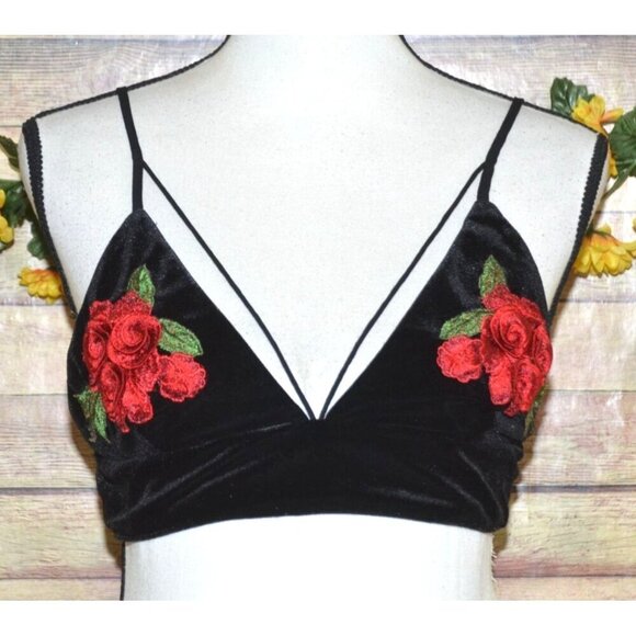 Forever 21 Black Velvet Bralette Bustier Top Juniors M Red Embroidered Roses - Picture 1 of 7